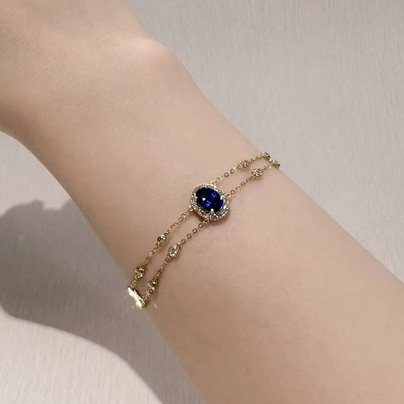 橢圓形培育寶石連雙排水泡培育鑽石手鏈