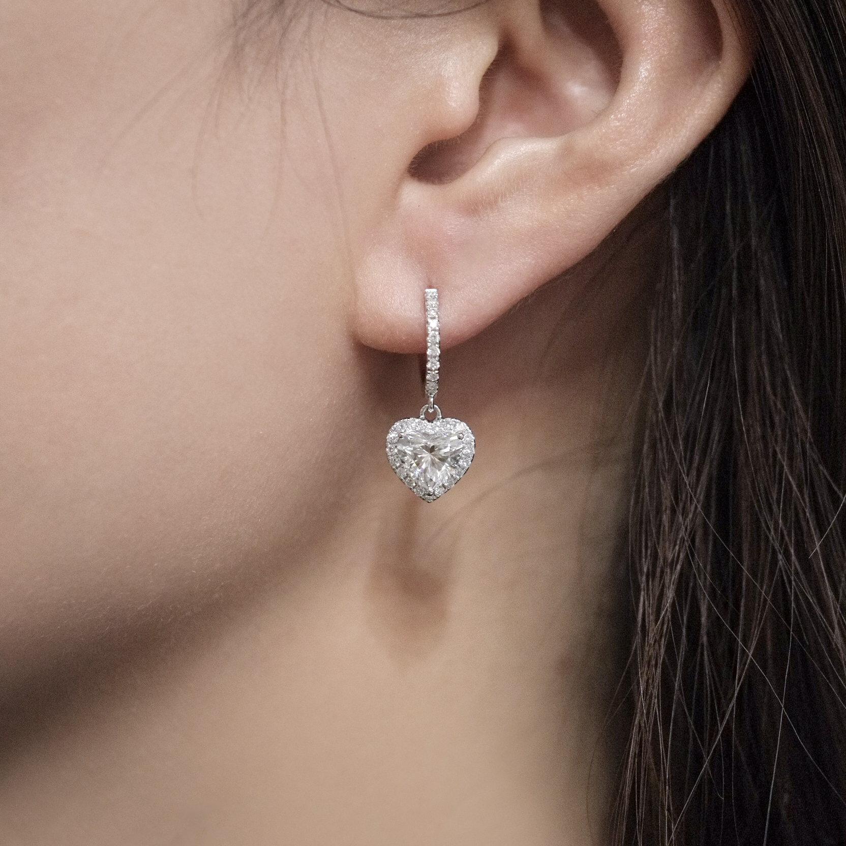 心形培育鑽石光環垂墜耳環