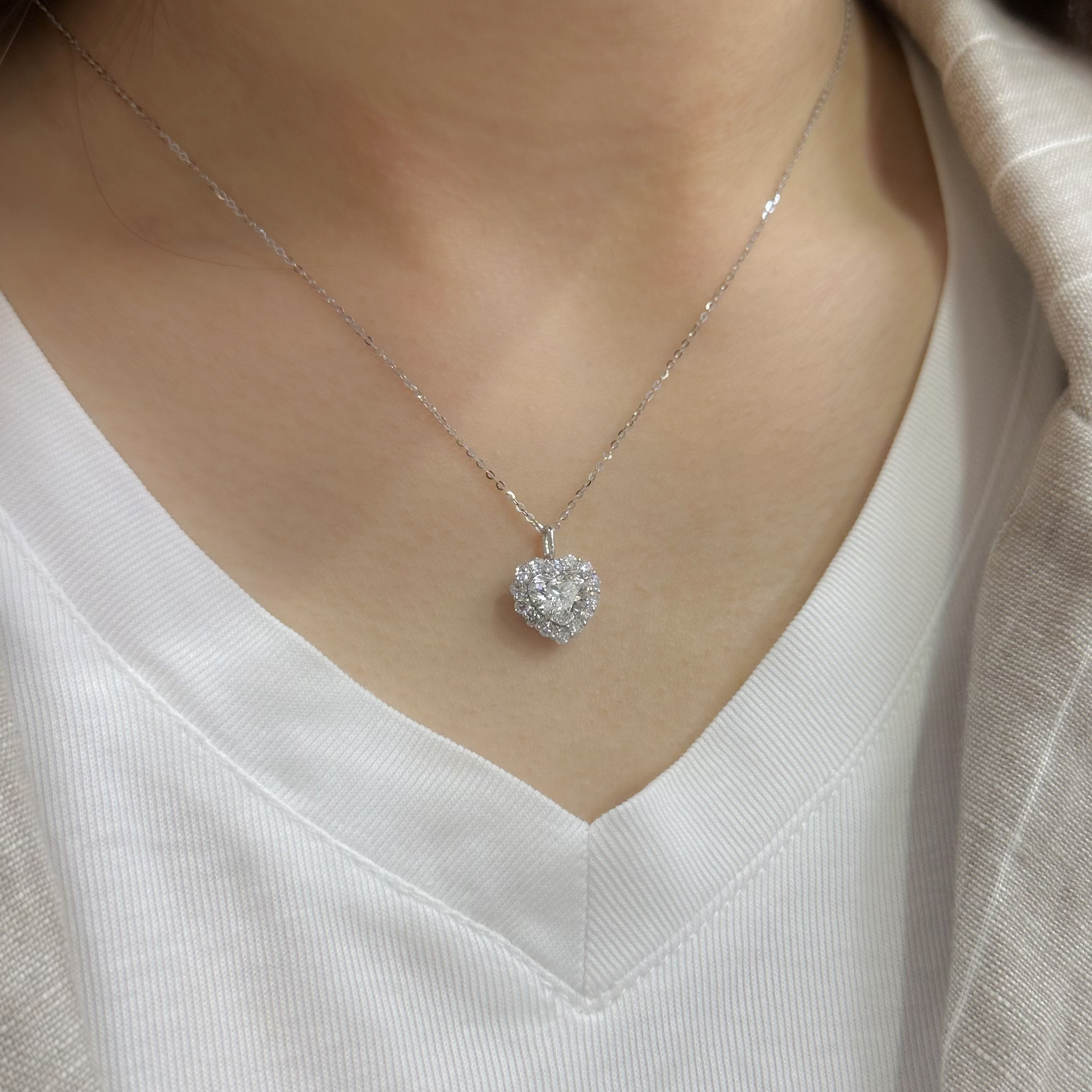 心形培育鑽石光環吊墜連18K頸鏈