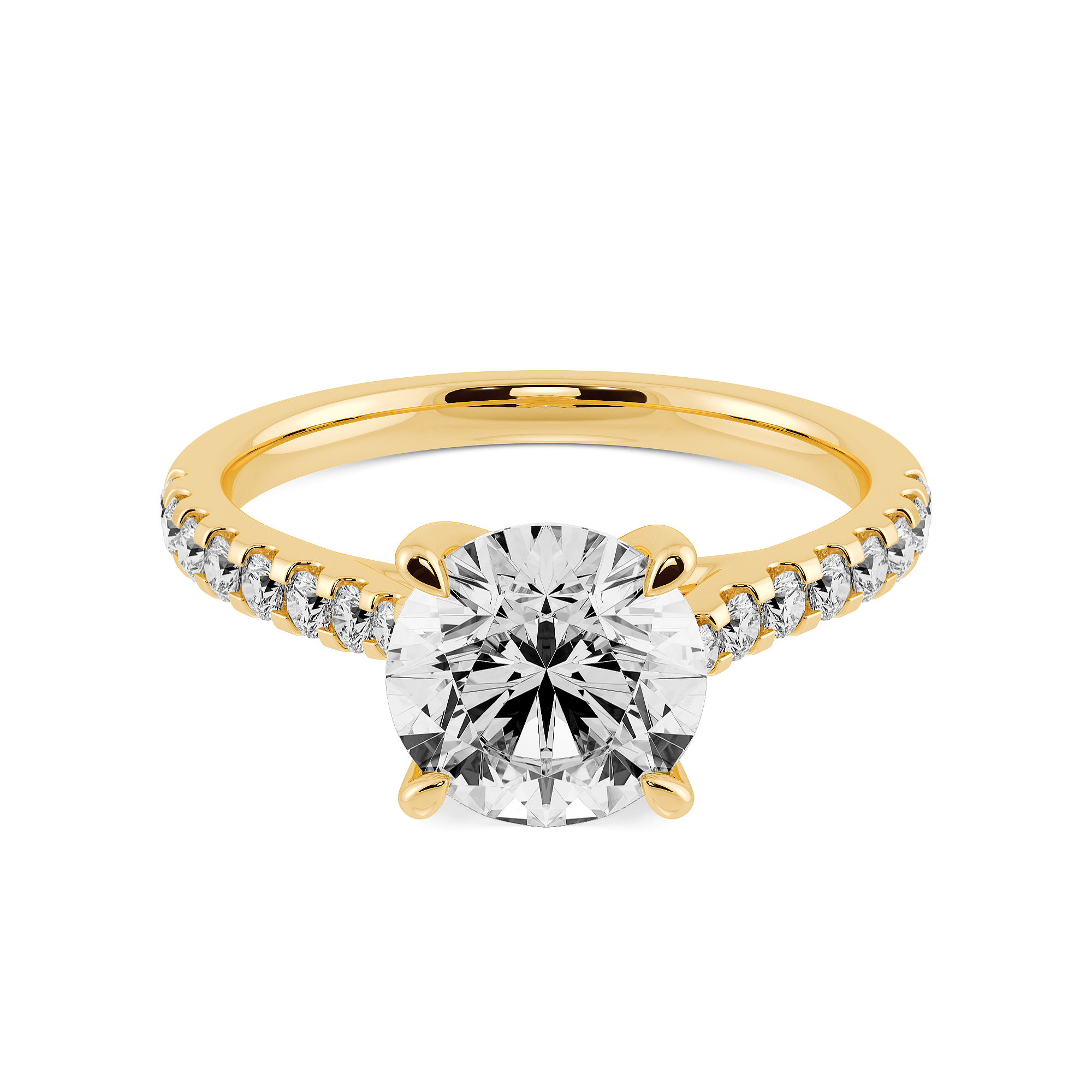 18K黃金大教堂款式 (Cathedral) 培育鑽石戒指正面視圖,展示懸浮式四爪鑲嵌結構 - DIABOND