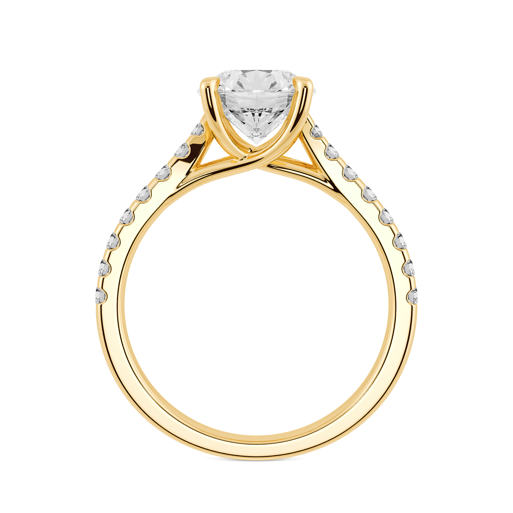 18K黃金大教堂款式 (Cathedral) 培育鑽石戒指側面特寫,展示懸浮式四爪鑲嵌結構 - DIABOND