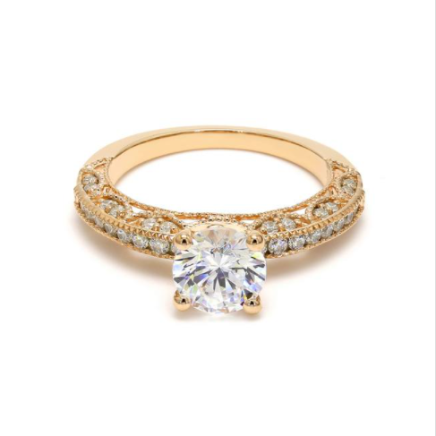 18k yellow gold open work pave solitaire lab diamond ring