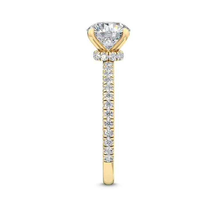 lab diamond pave setting 4 prong yellow gold under halo 