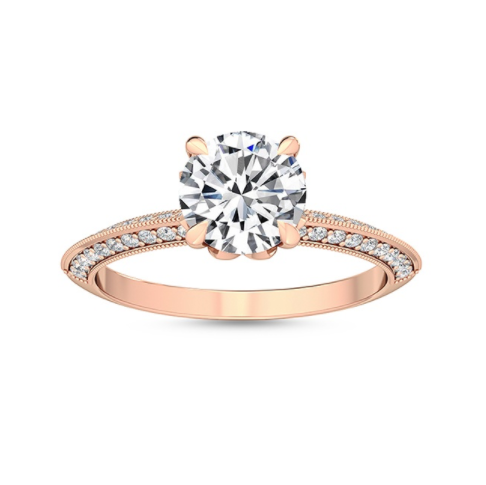 18k rose gold 4 prong knife edge band pave flower basket solitaire