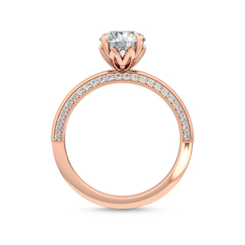 經典四爪單鑽戒指，Haibisukasu 系列花形底托設計，象徵熱忱與新的戀情。