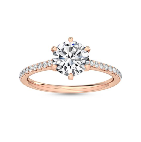 玫瑰金圓形培育鑽石戒指正面圖-極致纖細排鑽戒臂設計