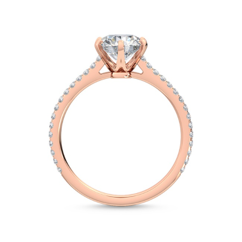 玫瑰金六爪鑲嵌鑽戒側面高度細節-經典求婚戒指款式