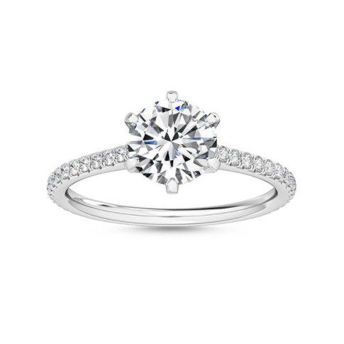 圓形培育鑽石戒指正面圖-極致纖細排鑽戒臂設計-18K白金