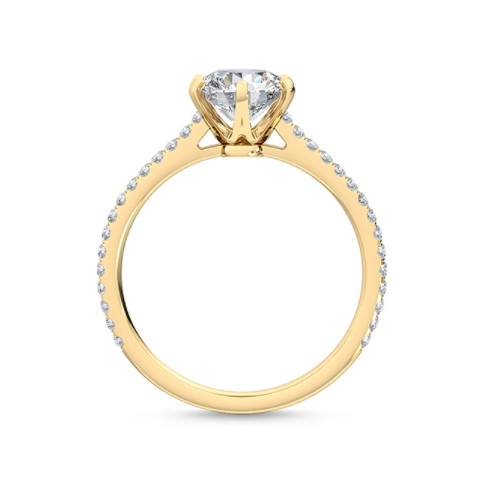 黃金六爪鑲嵌鑽戒側面高度細節-經典求婚戒指款式