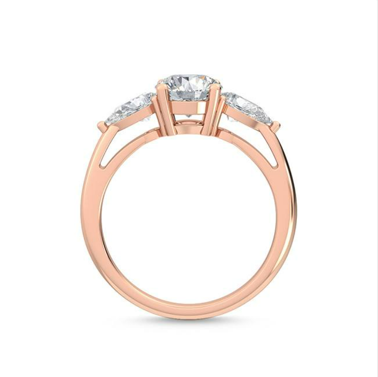 Yuri - 18K Rose Gold Three Stone Ring with pear cut side stones side view detail