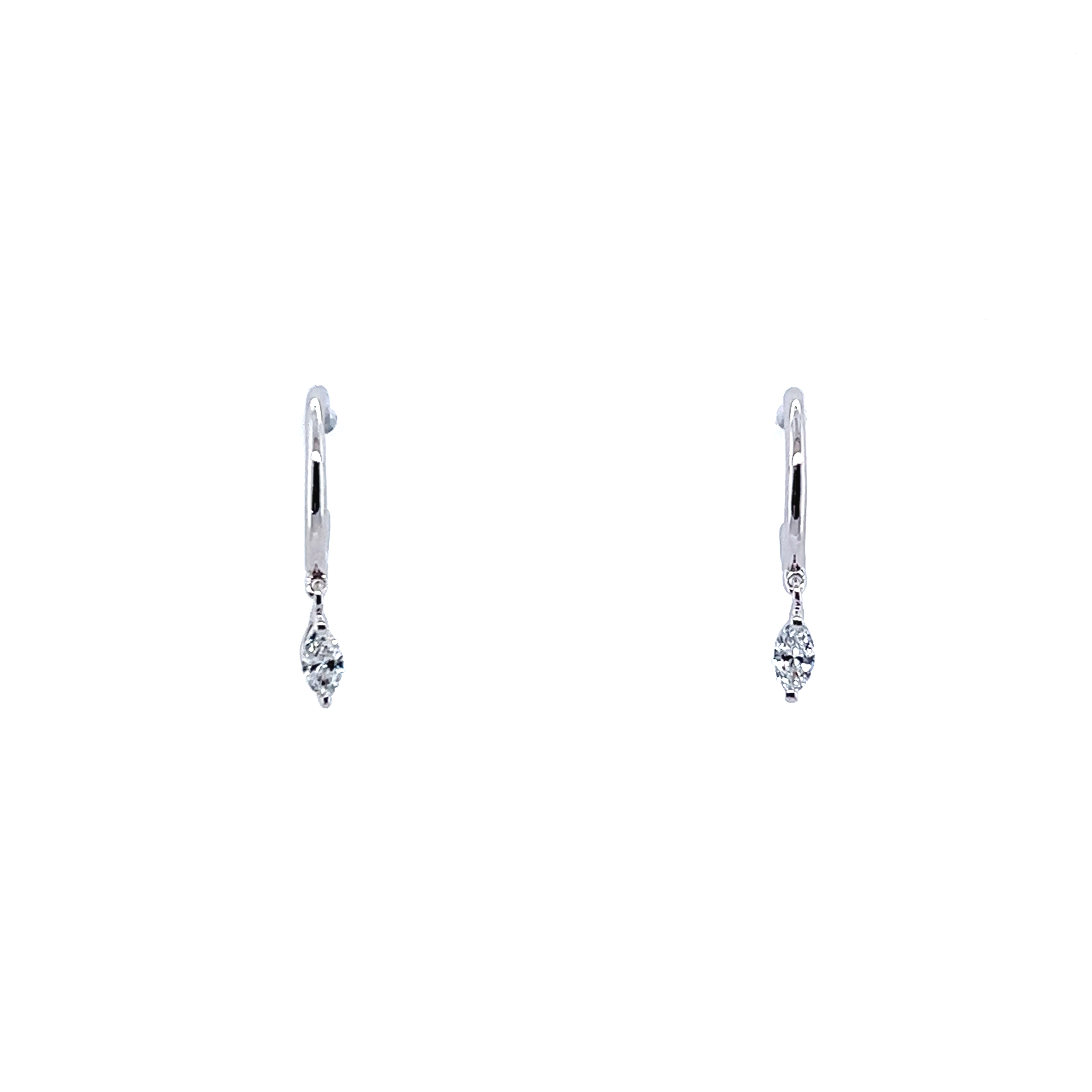Pair of 18k white gold huggie earrings with dangling marquise cut diamonds.