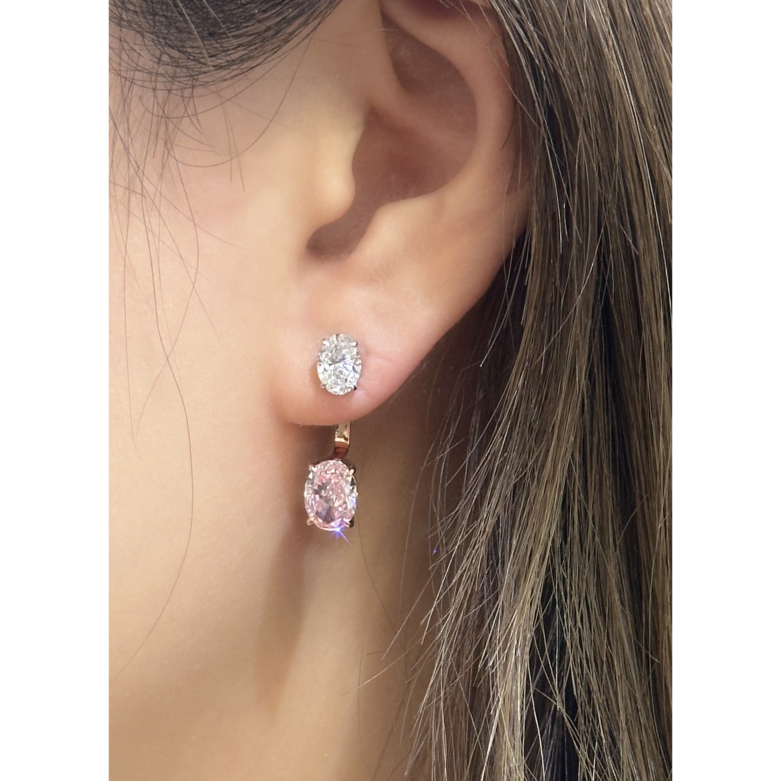 櫻映晨星橢圓形粉紅培育鑽石耳環