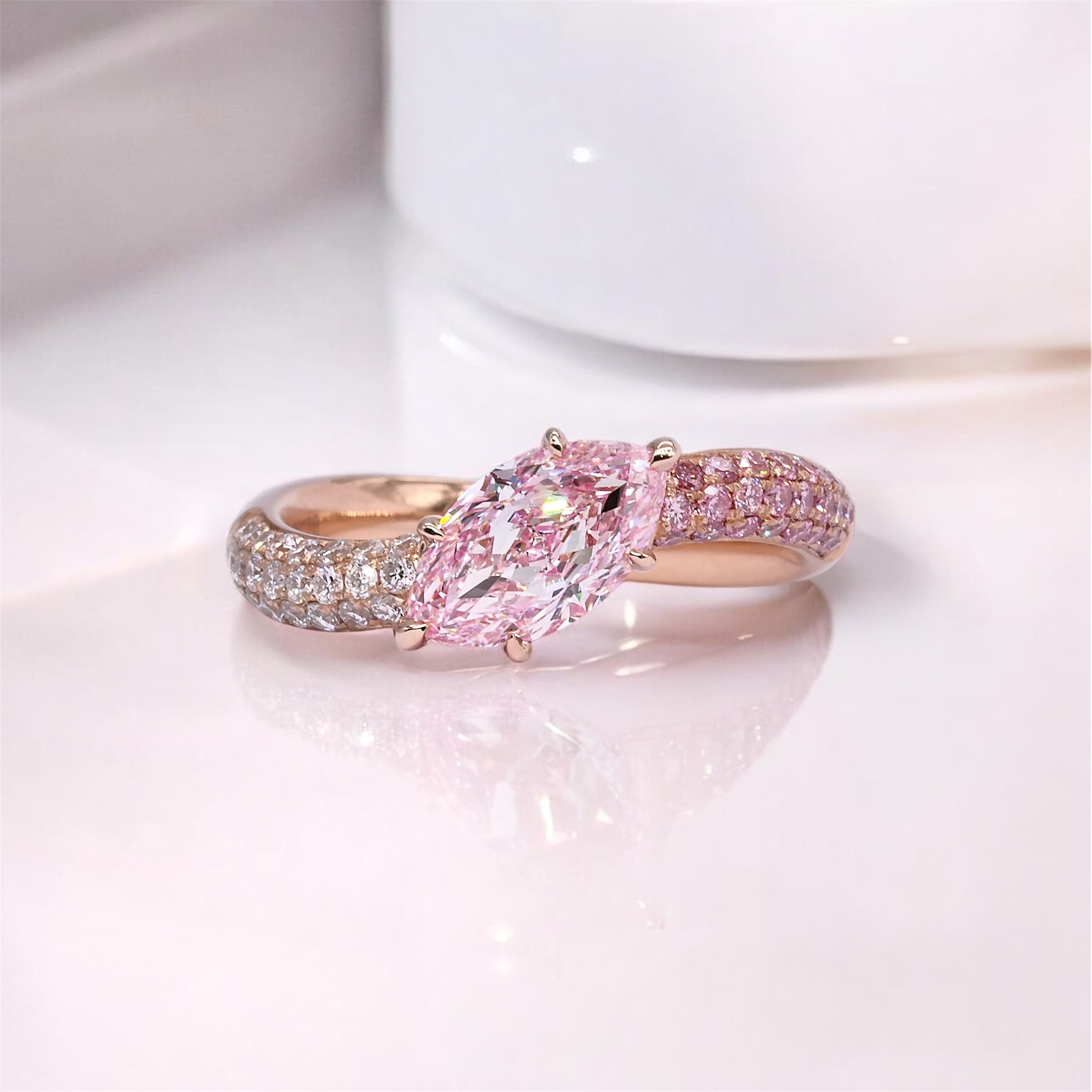Marquise-cut-pink-diamond-ring-two-tone-gold-slimming-finger-HK