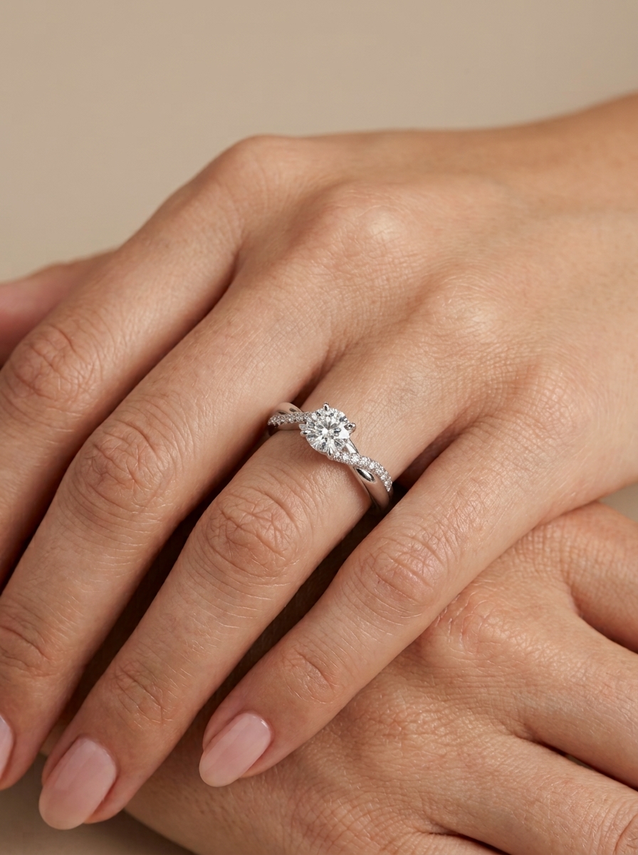 1.01ct D VVS2 Twist Pave 扭臂四爪圓形培育鑽石18K白金戒指 (附IGI證書)