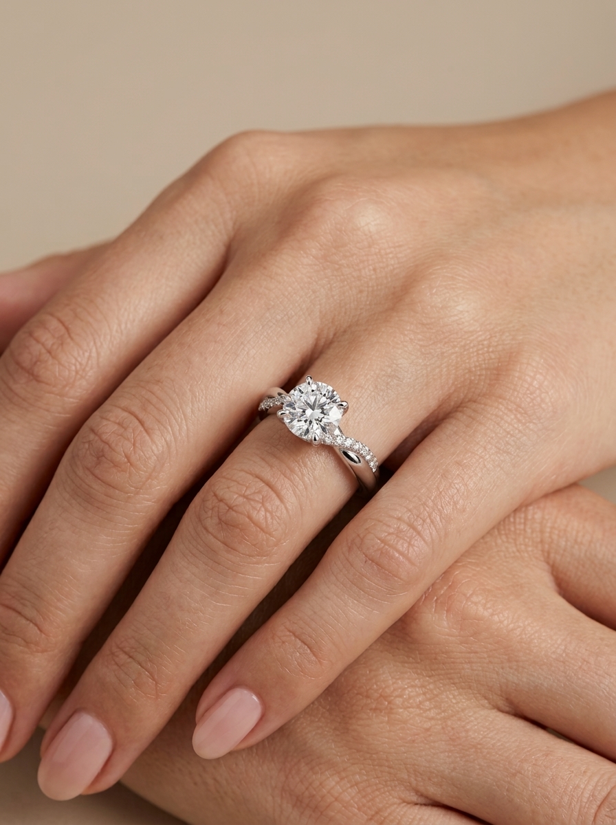 2.03ct D VVS2 Twist Pave 扭臂四爪圓形培育鑽石18K白金戒指 (附IGI證書)