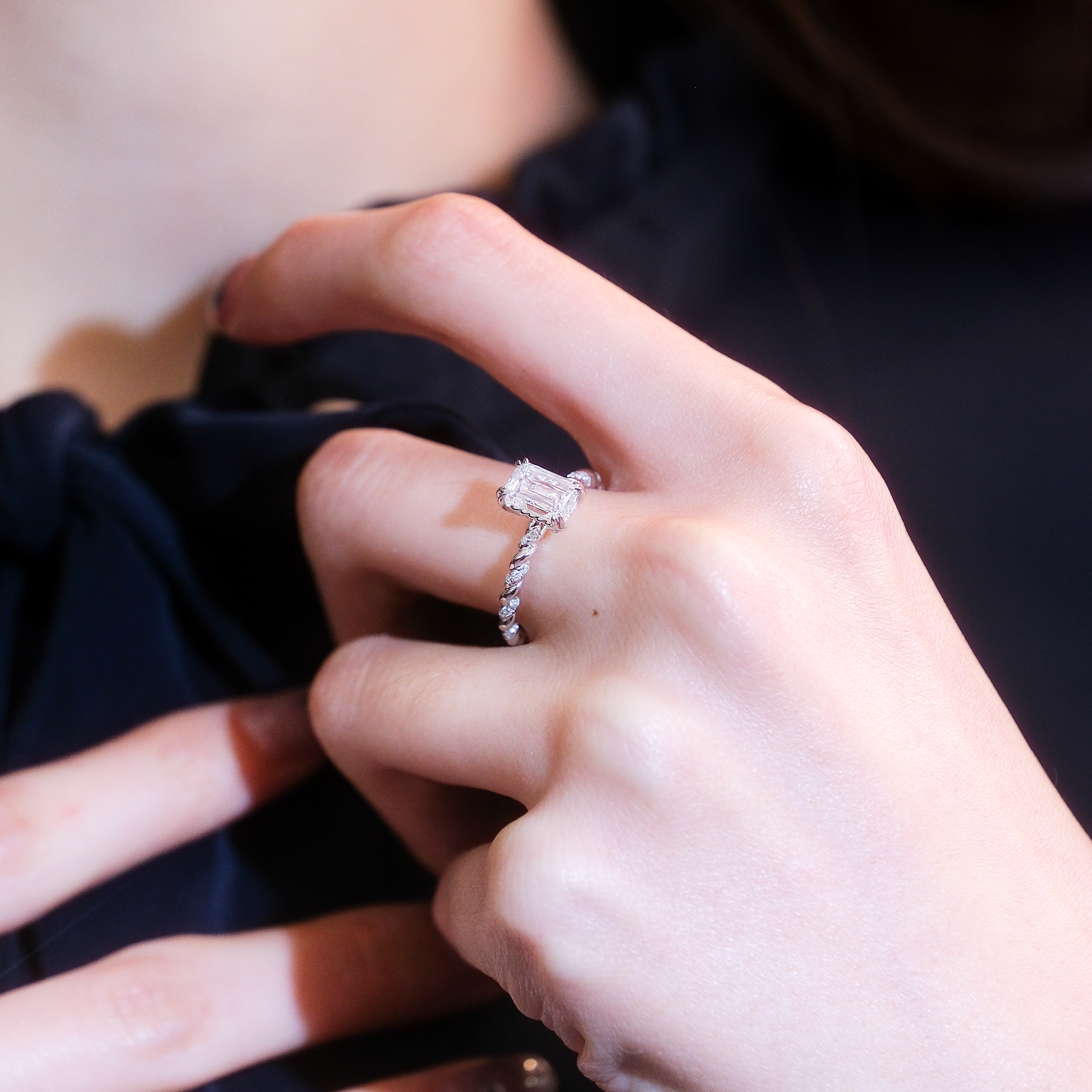 Radiant mixed cut twisted pave lab grown diamond ring in 18k white gold 