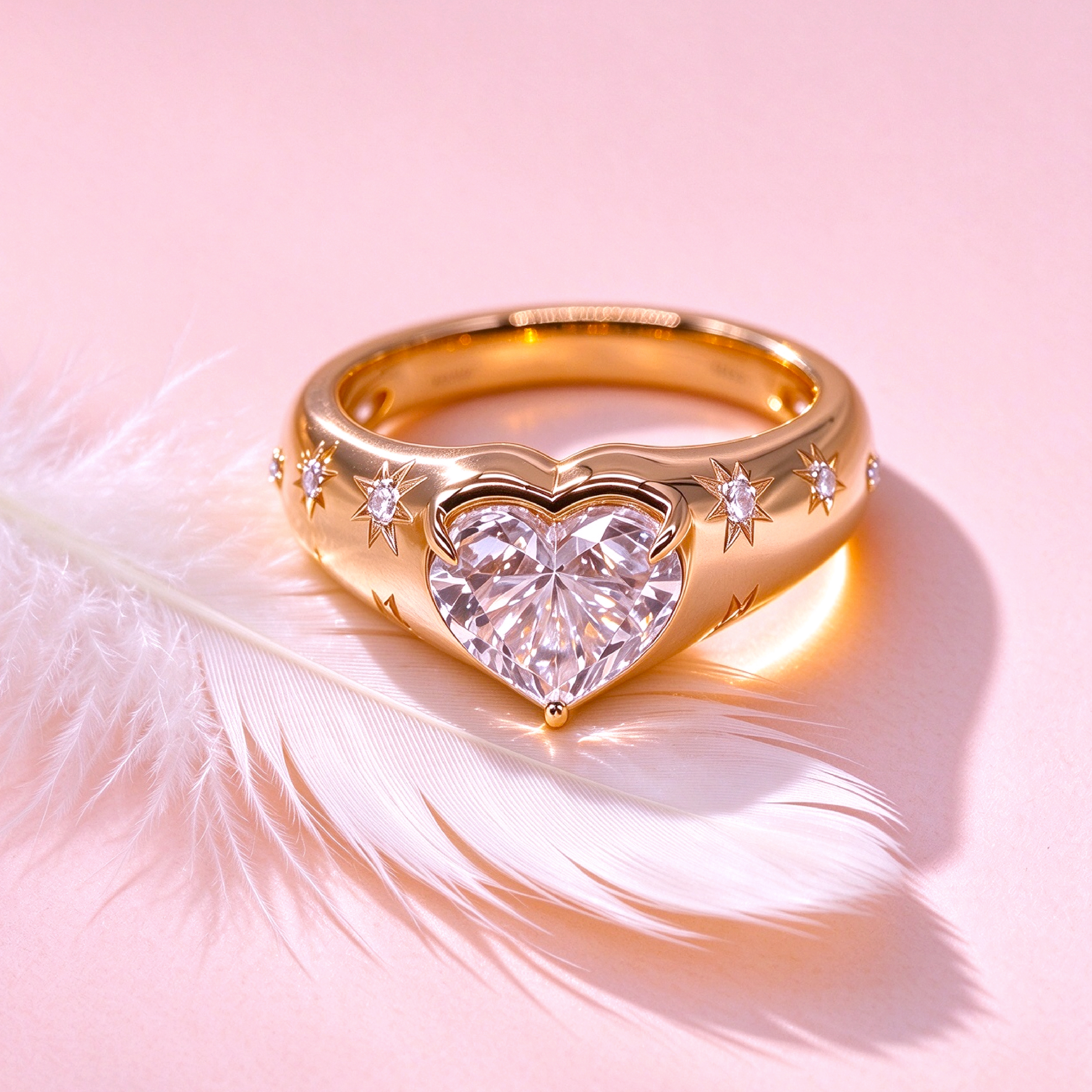 2.00ct Fancy Intense Pink 心形培育粉鑽 18K 黃金星芒雕花寬版戒指 (附IGI證書)