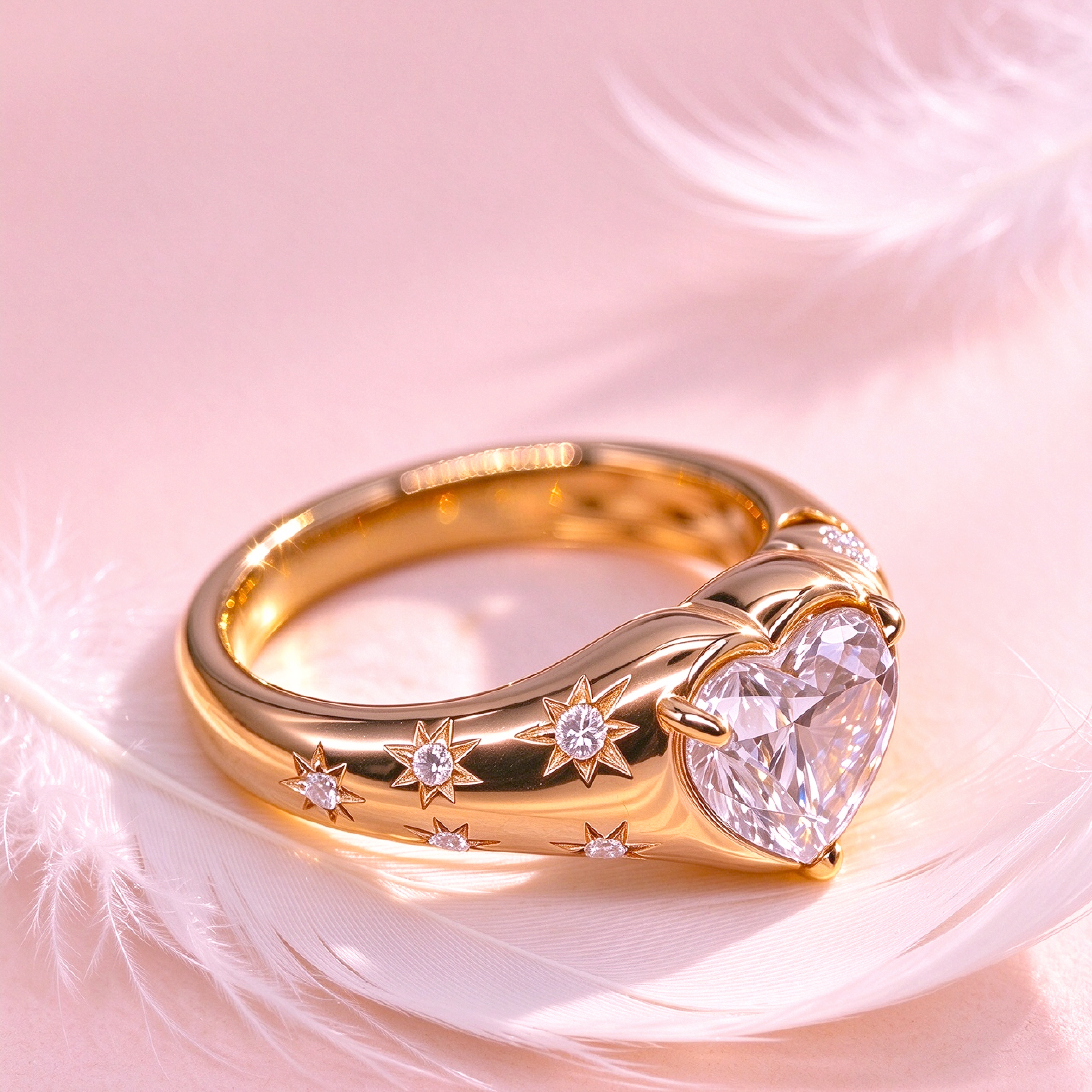 2.00ct Fancy Intense Pink 心形培育粉鑽 18K 黃金星芒雕花寬版戒指 (附IGI證書)