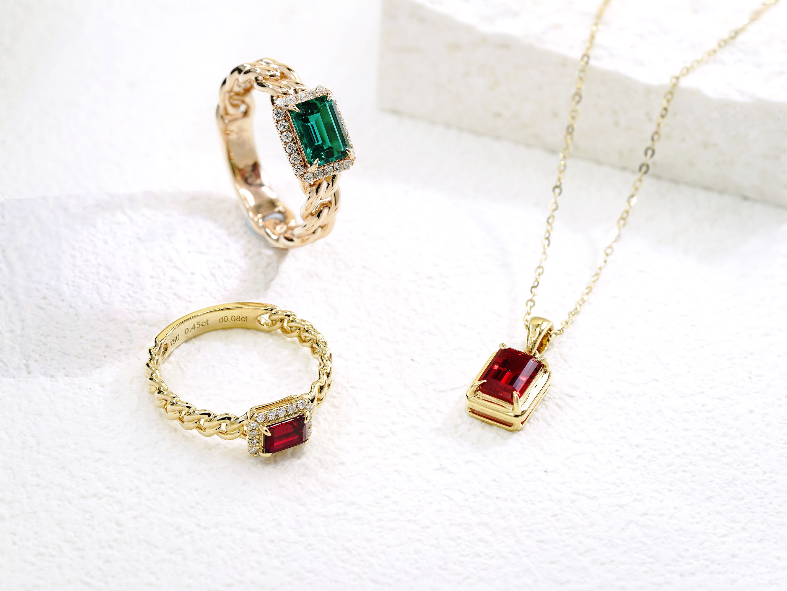 圍鑽祖母綠形培育寶石古巴戒指 (幼身款）