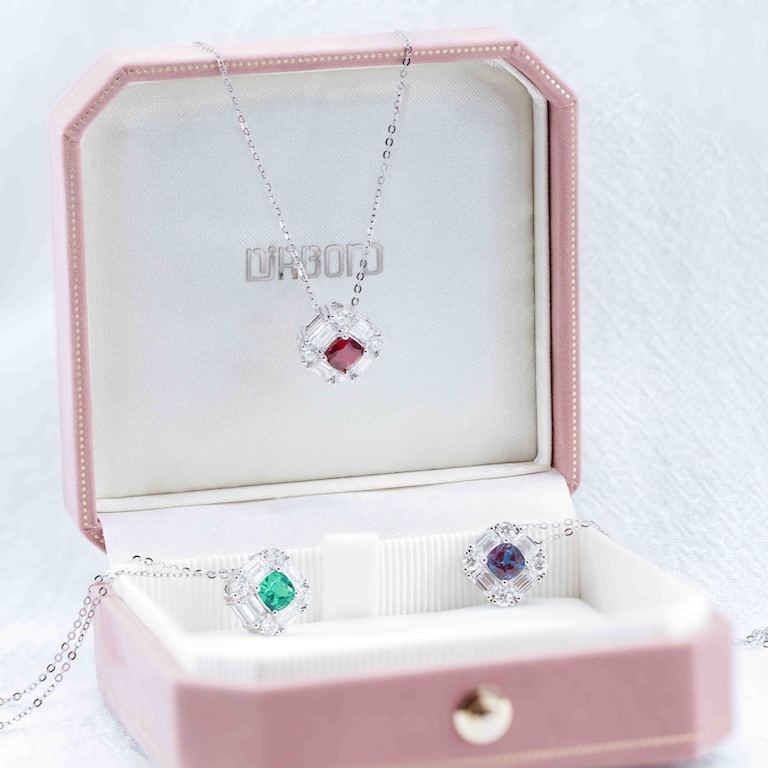 Sugar cube cushion cut lab grown gemstone halo necklaces featuring alexandrite, emerald, ruby and sapphire color options