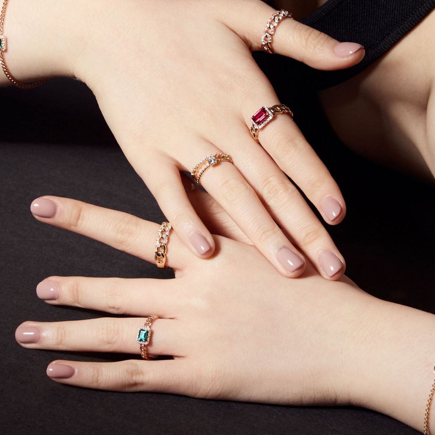 圍鑽祖母綠形培育寶石古巴戒指 (幼身款）