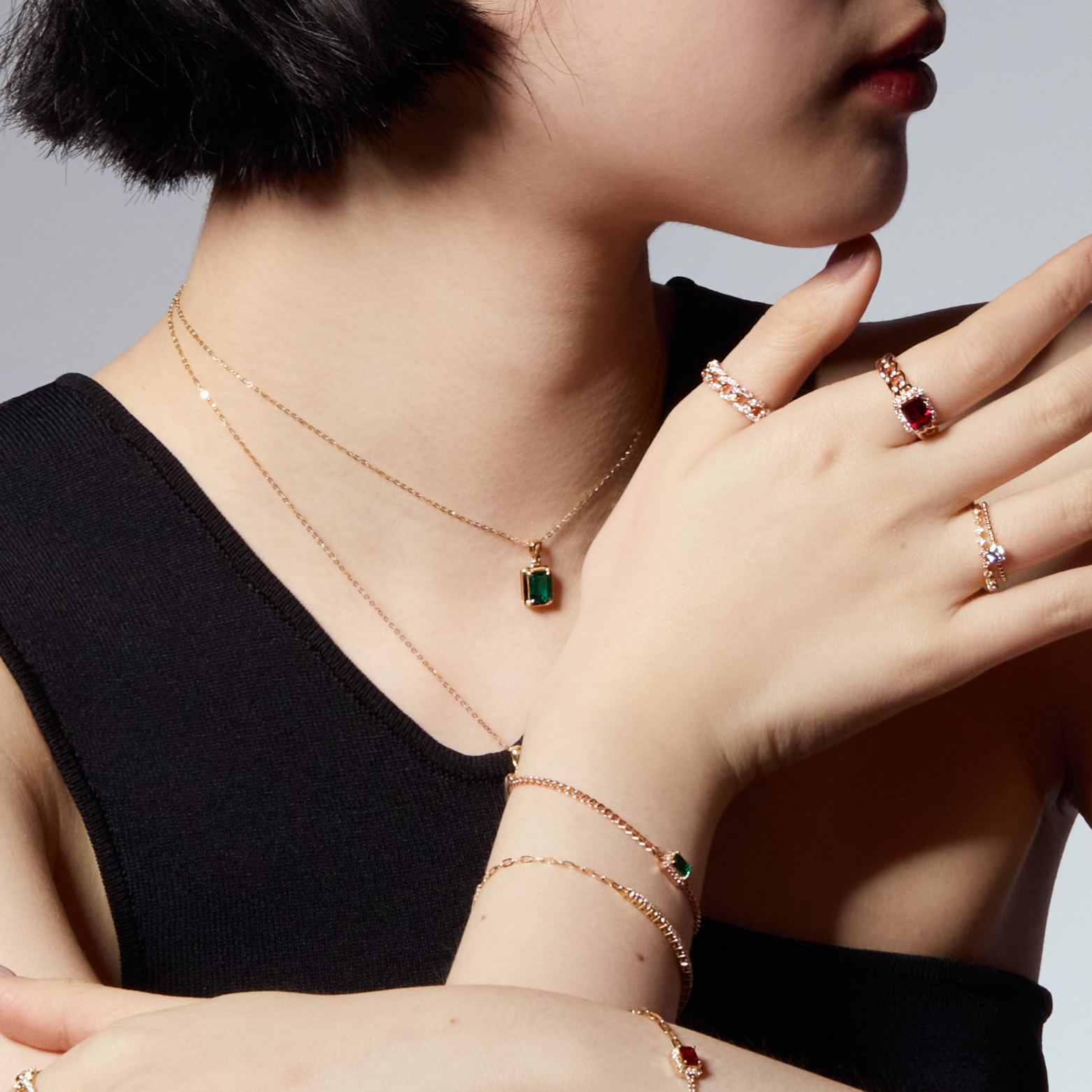 復古祖母綠形培育寶石吊墜連18K頸鏈