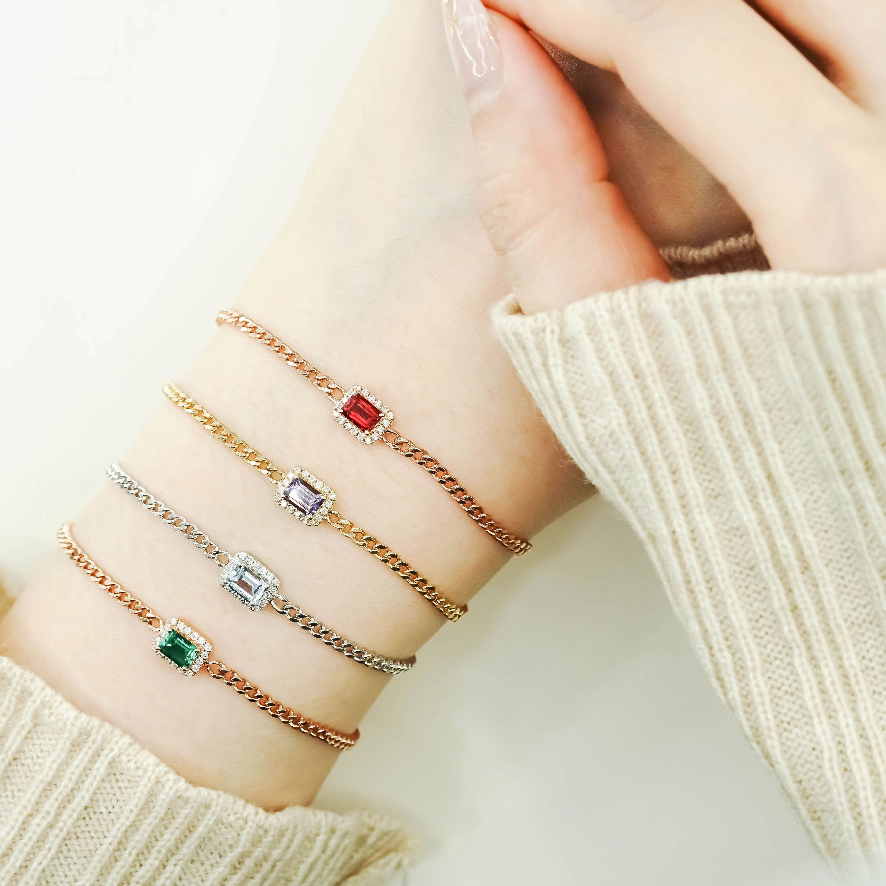 圍鑽祖母綠形培育寶石古巴手鏈