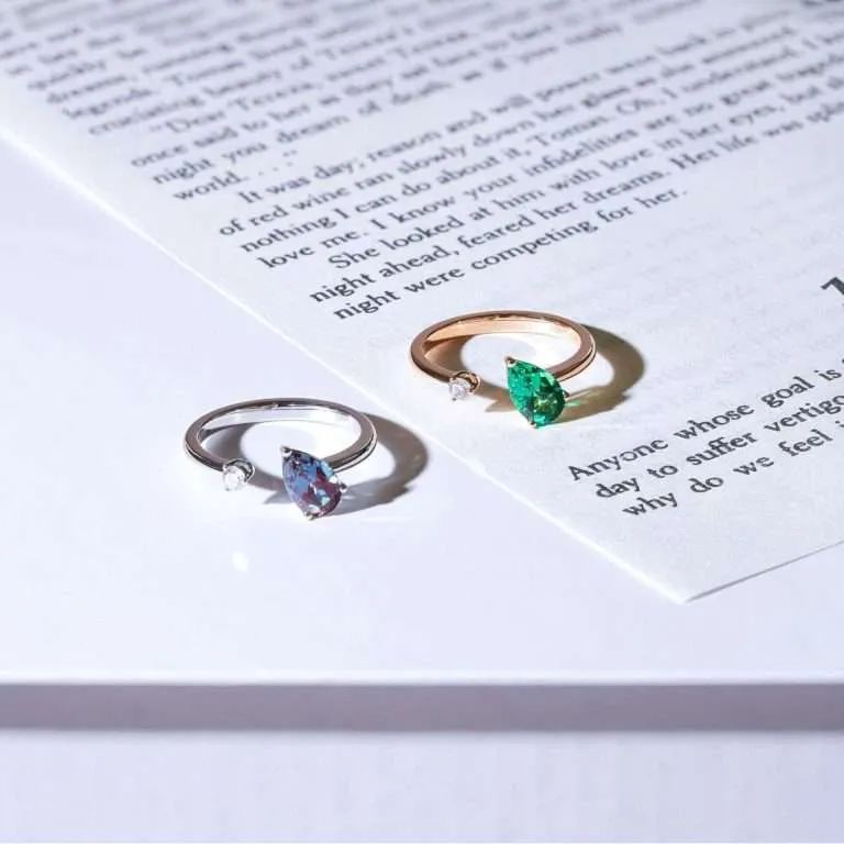 梨形培育寶石鑽石開口戒指