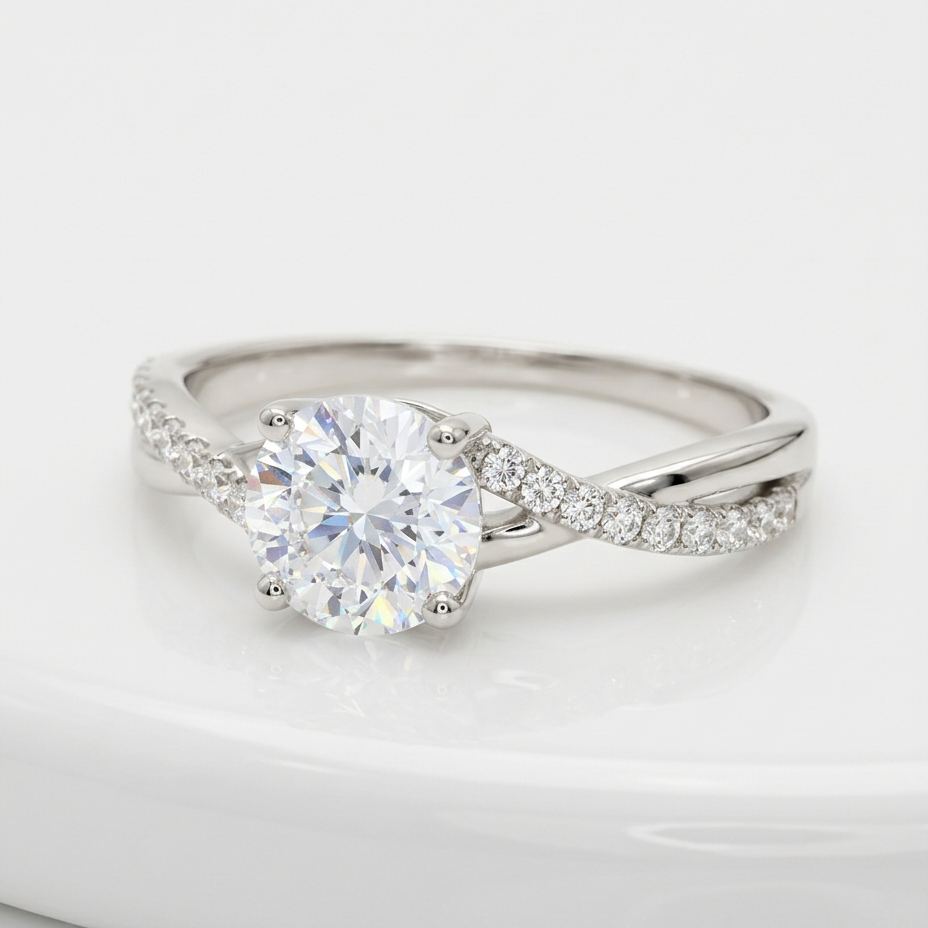 1.03ct D VVS2 交織扭臂四爪圓形培育鑽石18K白金戒指 (附IGI證書)