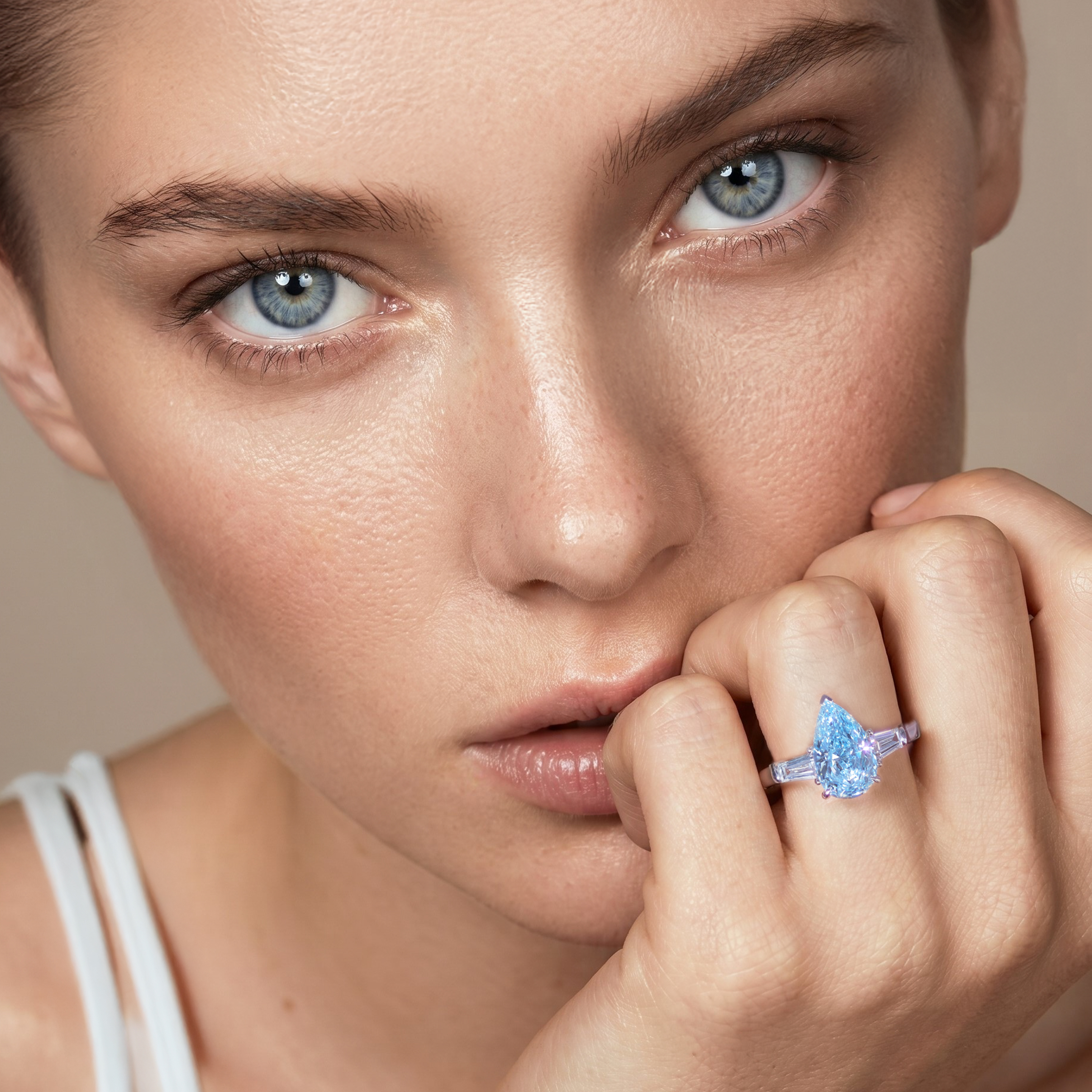 模特兒展示 2.07 克拉 Fancy Blue 梨形培育藍鑽戒指的時尚視覺照。水滴形的優雅輪廓與模特兒的氣質相互映襯。這款結合了罕見彩藍色鑽石與復古梯方配鑽的高訂戒指，無論是作為求婚鑽戒或是晚宴珠寶，皆是展現獨立自信與卓越品味的頂級之選。