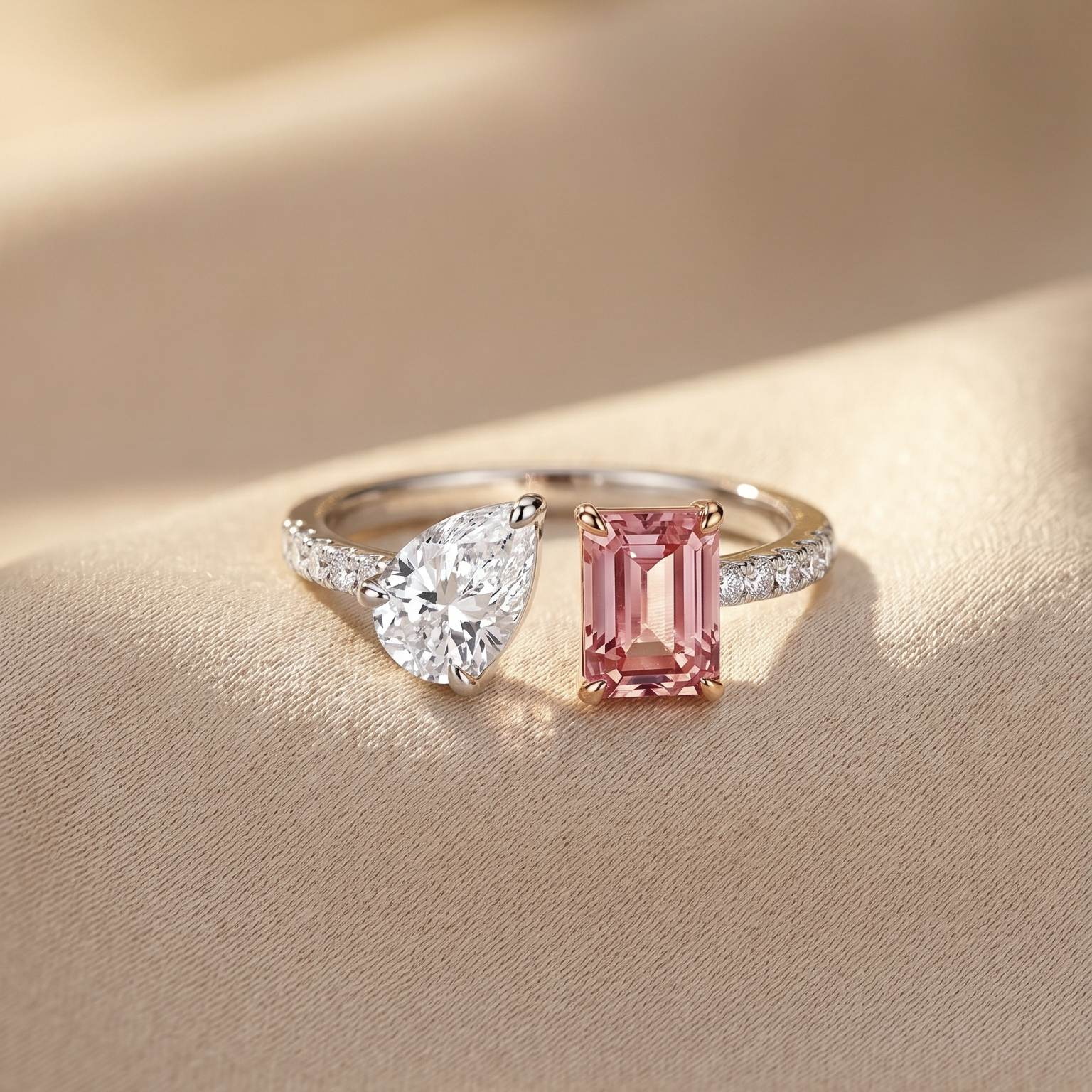 DIABOND Toi Et Moi 培育粉鑽 × 白鑽雙主石戒指暖色背景平放展示。1.02ct 祖母綠形粉鑽的飽滿色澤與 0.72ct 梨形白鑽的純白閃耀形成迷人對比，18K 玫瑰金與白金的雙色戒臂設計精緻高雅。
