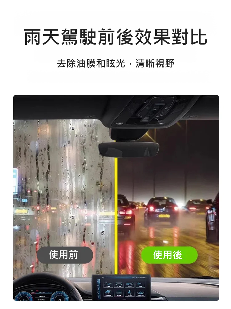 德國新升級環保奈米科技，3秒溶解，一抹淨透去除油膜，不損壞玻璃，長效保護，持久亮麗。拒絕油膜煩惱，讓每次出行更安心