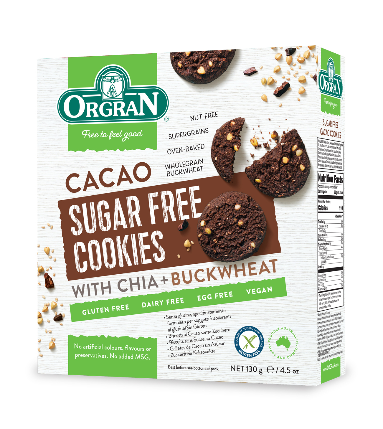Orgran Gluten Free Sugar Free Cacao Cookies 130g
