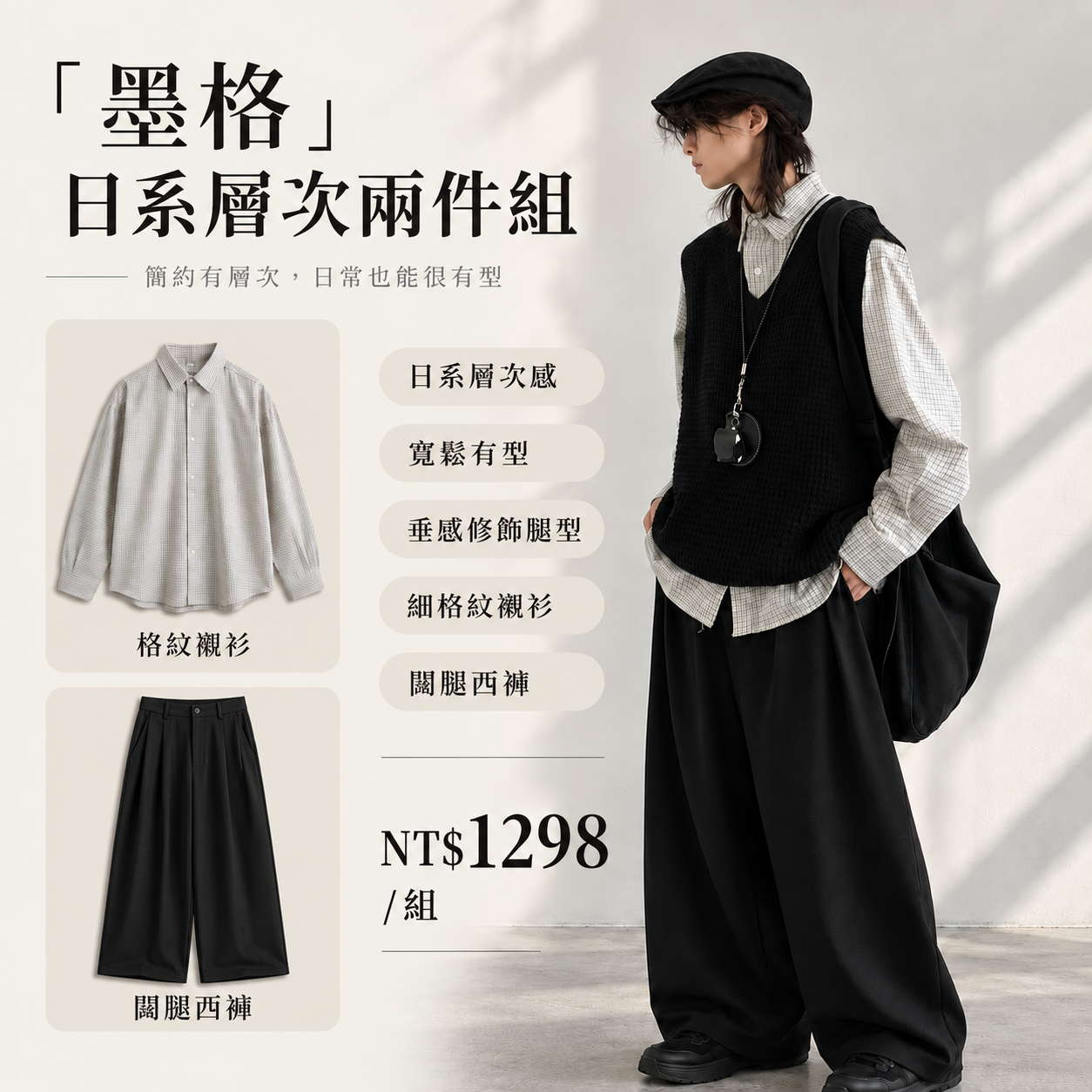 HT 日系「墨格」層次三件套｜ 格紋襯衫+針織背心+闊腿西褲