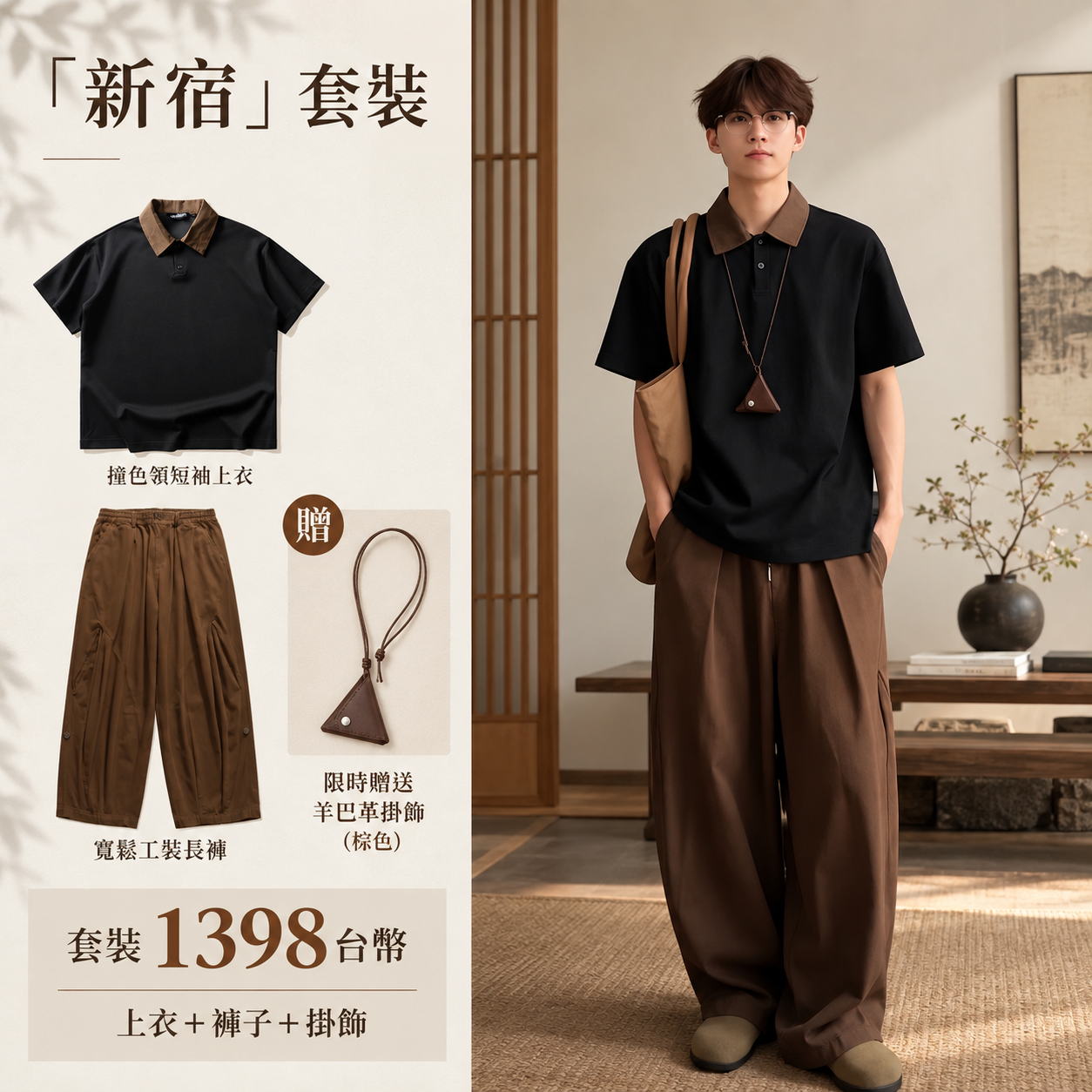 HT 日系復古風「新宿」套裝｜ POLO領上衣+闊腿褲｜贈羊巴革皮繩掛飾