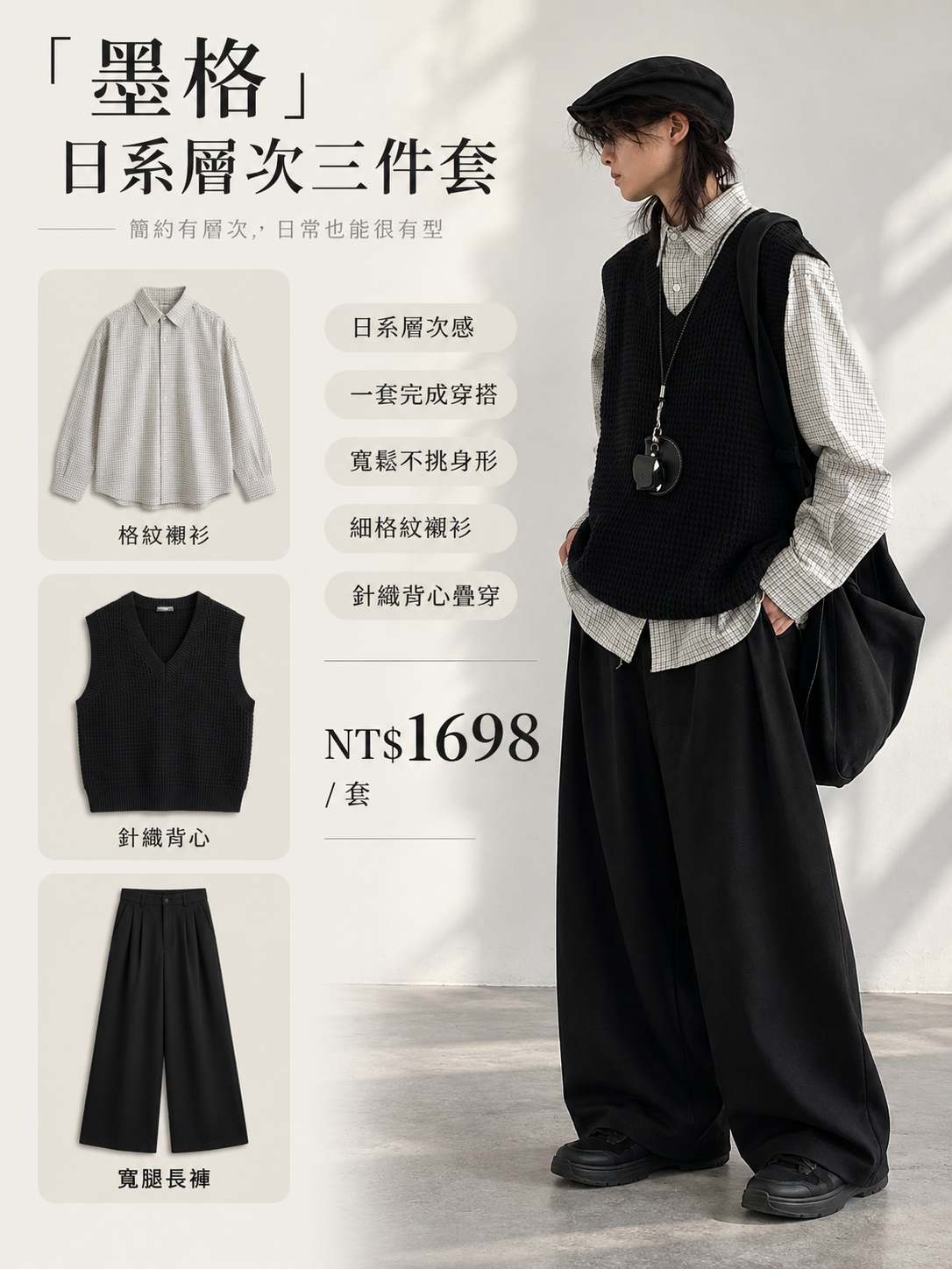 HT 日系「墨格」層次三件套｜ 格紋襯衫+針織背心+闊腿西褲