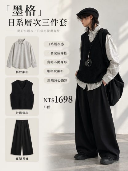 HT 日系「墨格」層次三件套｜ 格紋襯衫+針織背心+闊腿西褲