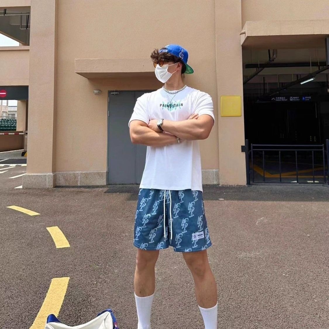SJ 美式原創 四分短褲 網眼面料 透氣舒適 印花logo 個性