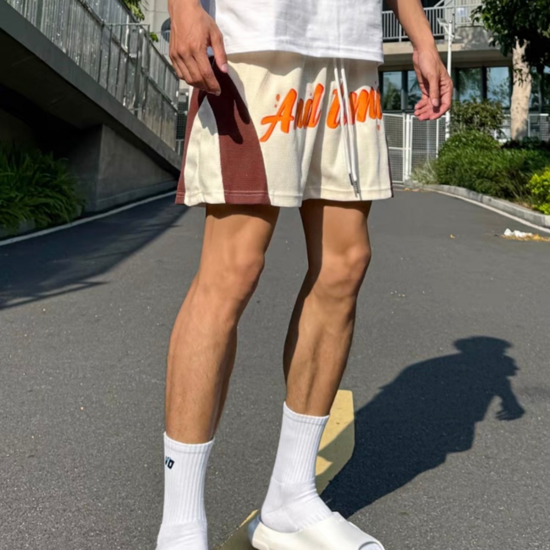 AT 四分短褲 華膚格運動短褲 美式潮流 交叉設計 寬鬆透氣 撞色