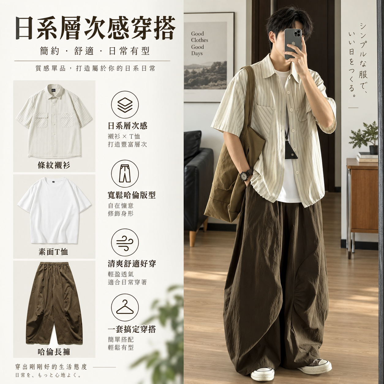 HT 日系「淺野」層次三件套｜ 條紋襯衫+素面T+哈倫長褲