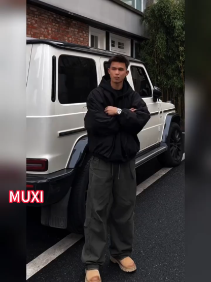 美式復古風 個性設計感褶皺工裝褲 闊腿長褲