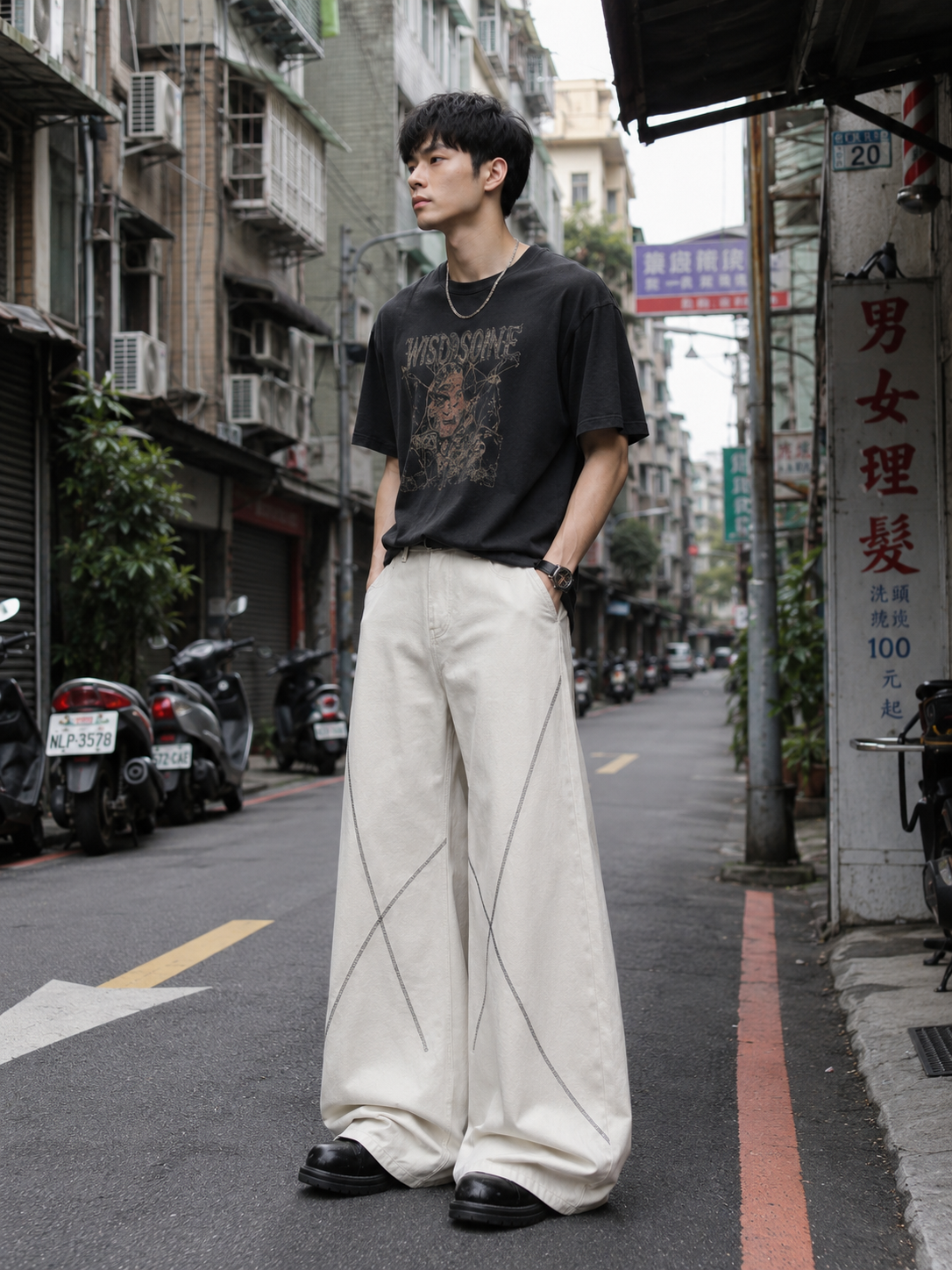 HT 痞帥風美式彎刀休閒工裝褲「木間」 水洗棉 寬鬆挺闊（不含配飾）