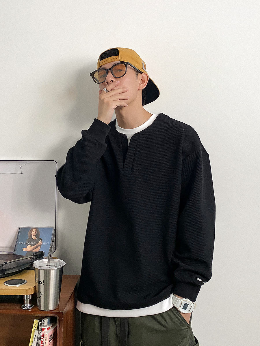 美式拼接 休閒假兩件衛衣 圓領 秋冬長袖 重磅肌理感