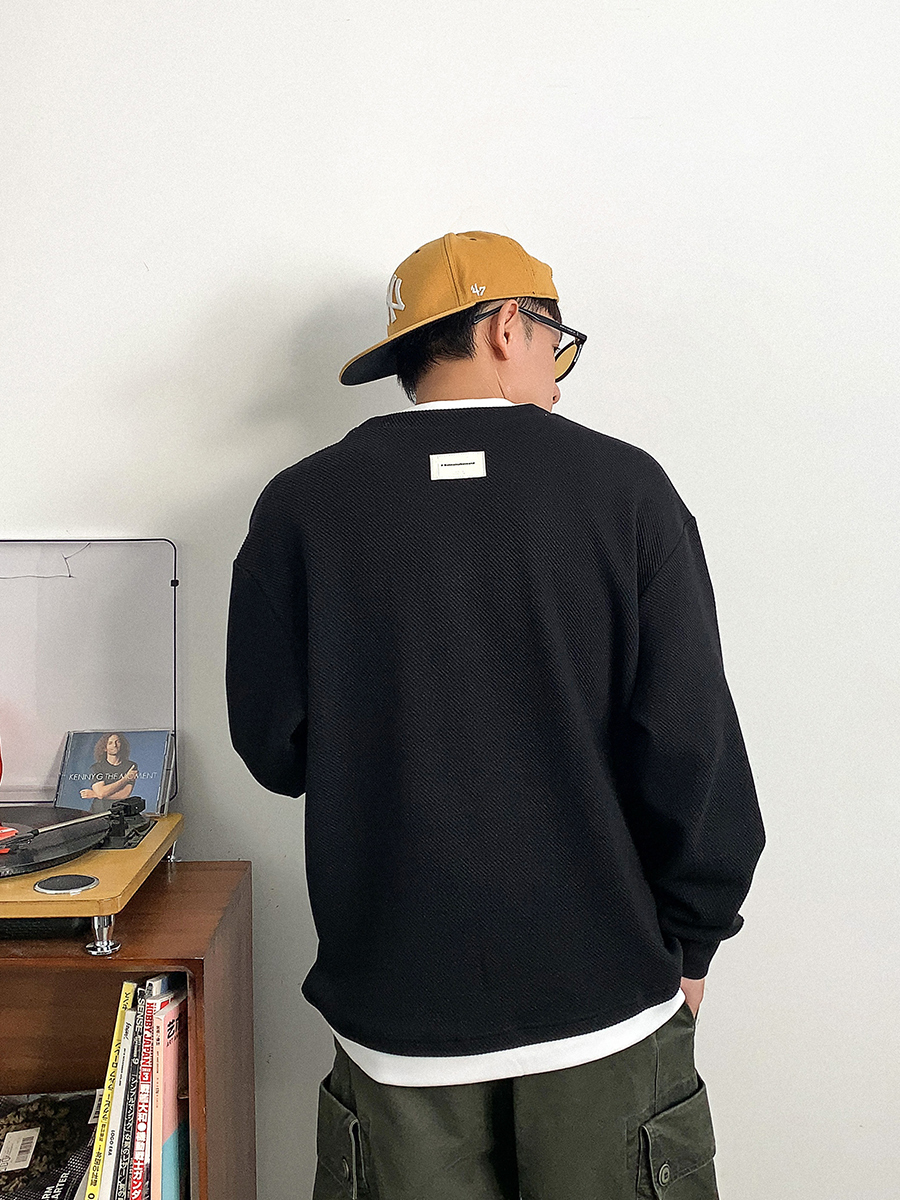 美式拼接 休閒假兩件衛衣 圓領 秋冬長袖 重磅肌理感