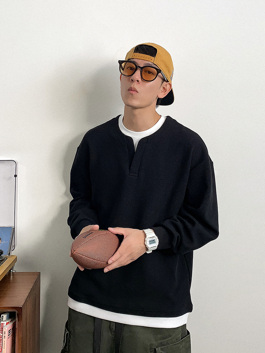 美式拼接 休閒假兩件衛衣 圓領 秋冬長袖 重磅肌理感