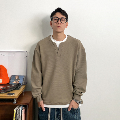 美式拼接 休閒假兩件衛衣 圓領 秋冬長袖 重磅肌理感