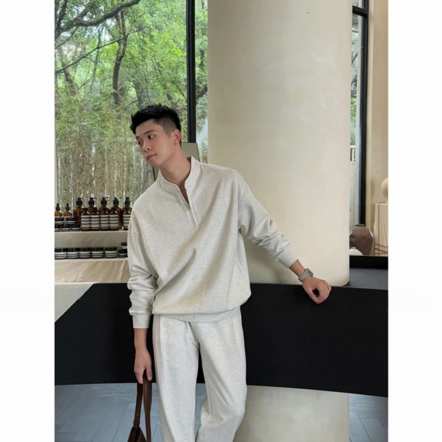 秋冬 男士休閒套裝 高知風 立領半拉鍊上衣+鬆緊休閒長褲｜休閒百搭