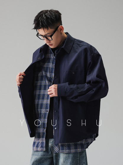 YS 工裝格子長袖假兩件襯衫 寬鬆外套 休閒穿搭