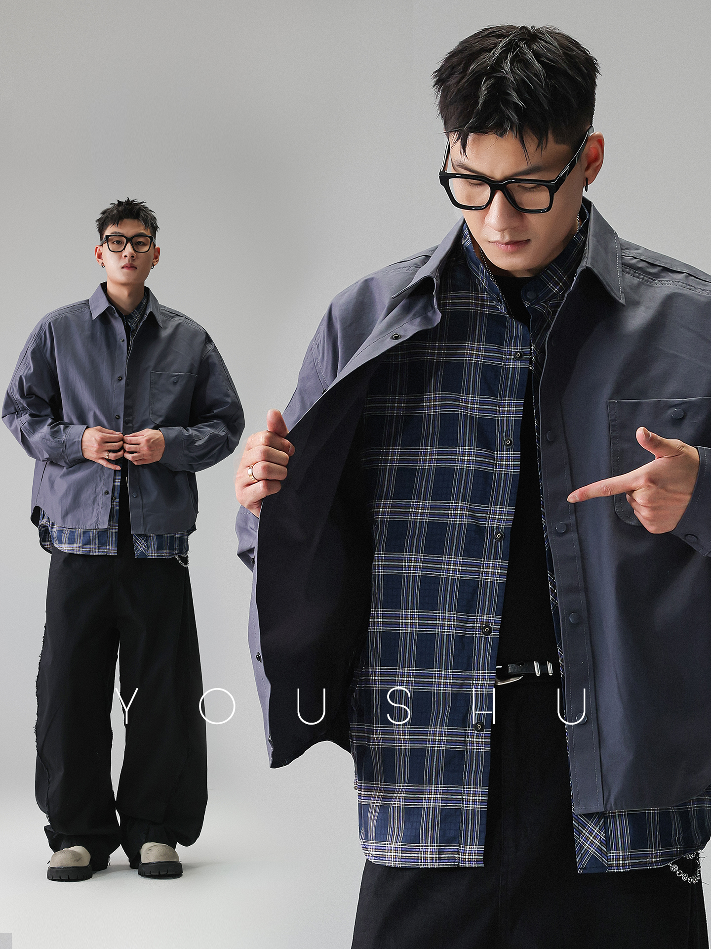 YS 工裝格子長袖假兩件襯衫 寬鬆外套 休閒穿搭