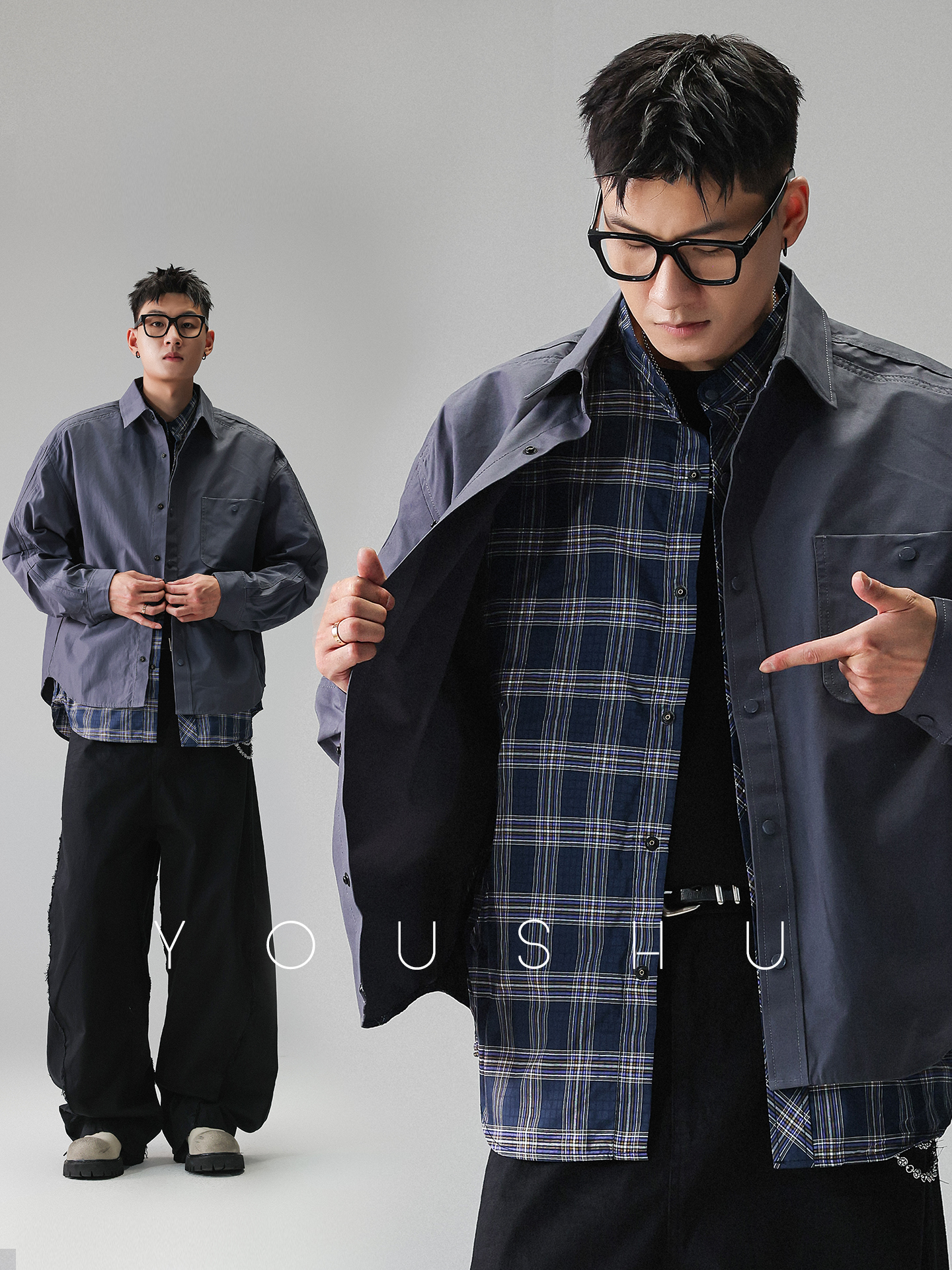 YS 工裝格子長袖假兩件襯衫 寬鬆外套 休閒穿搭